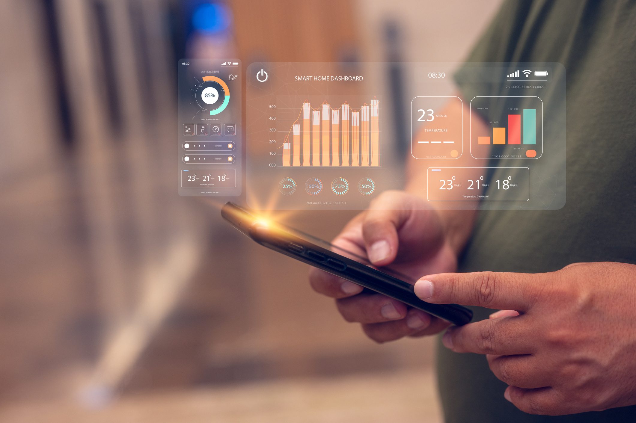 Person using smartphone with data holograms.