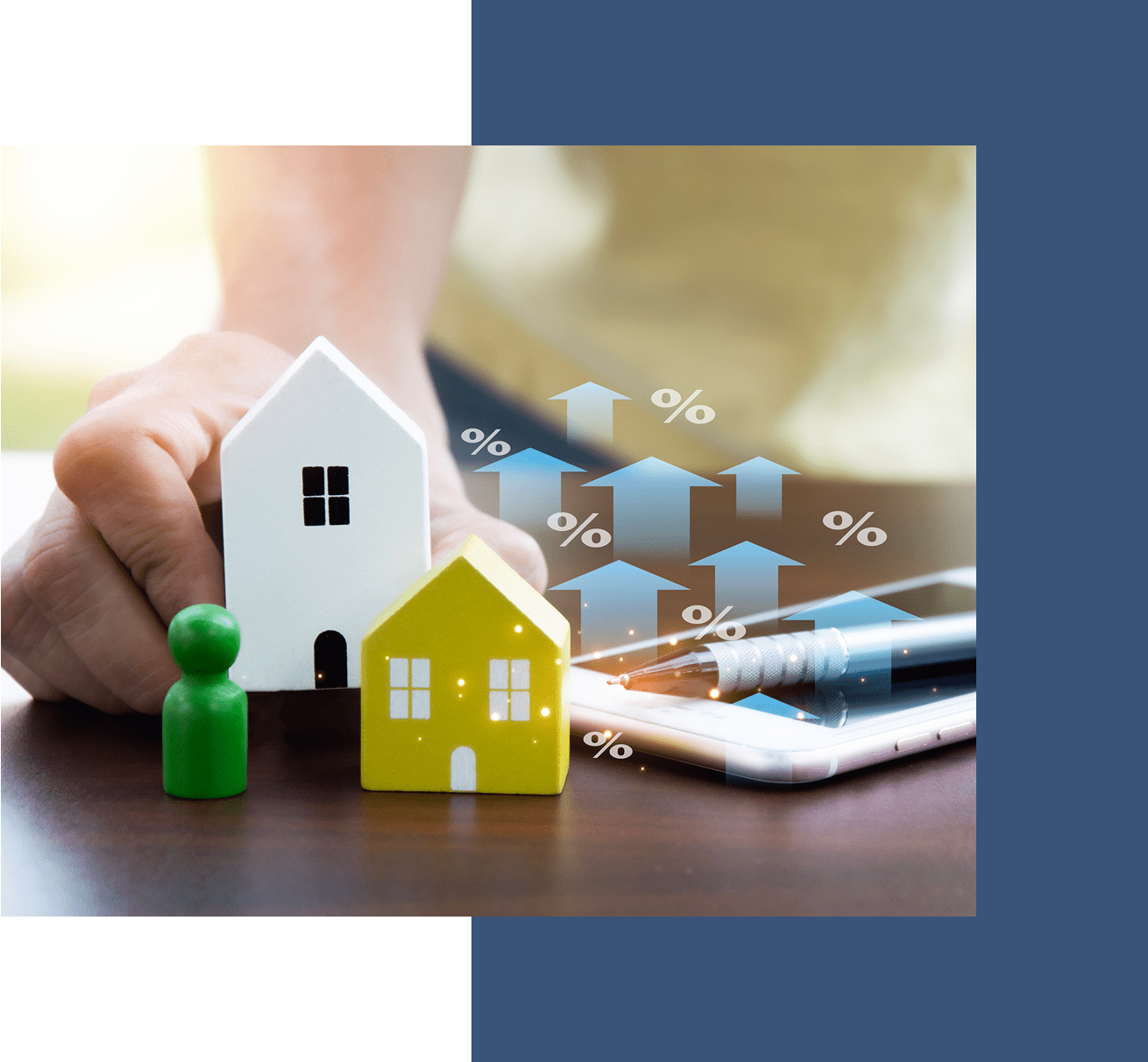 Houses and smartphone with rising arrow symbols.
